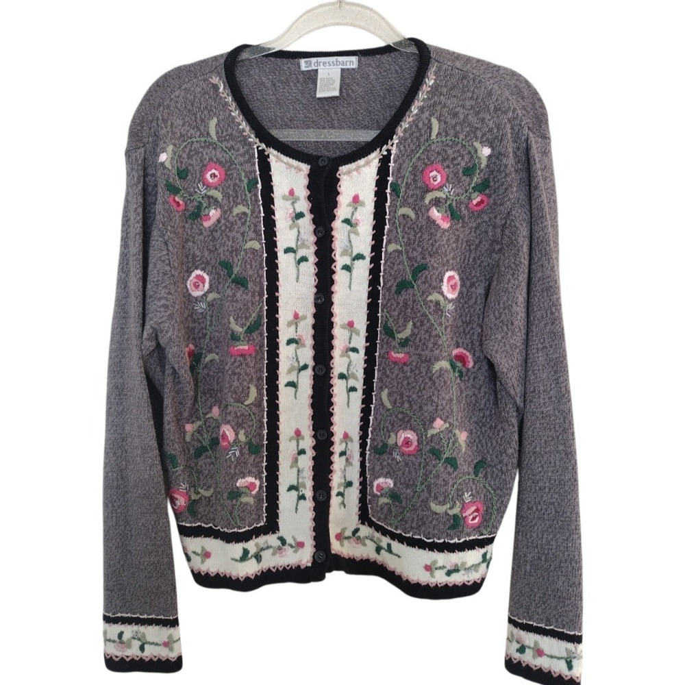Dressbarn Cardigan Woman Large Gray Floral Embroidery Folk Art Beaded Button‎ Up